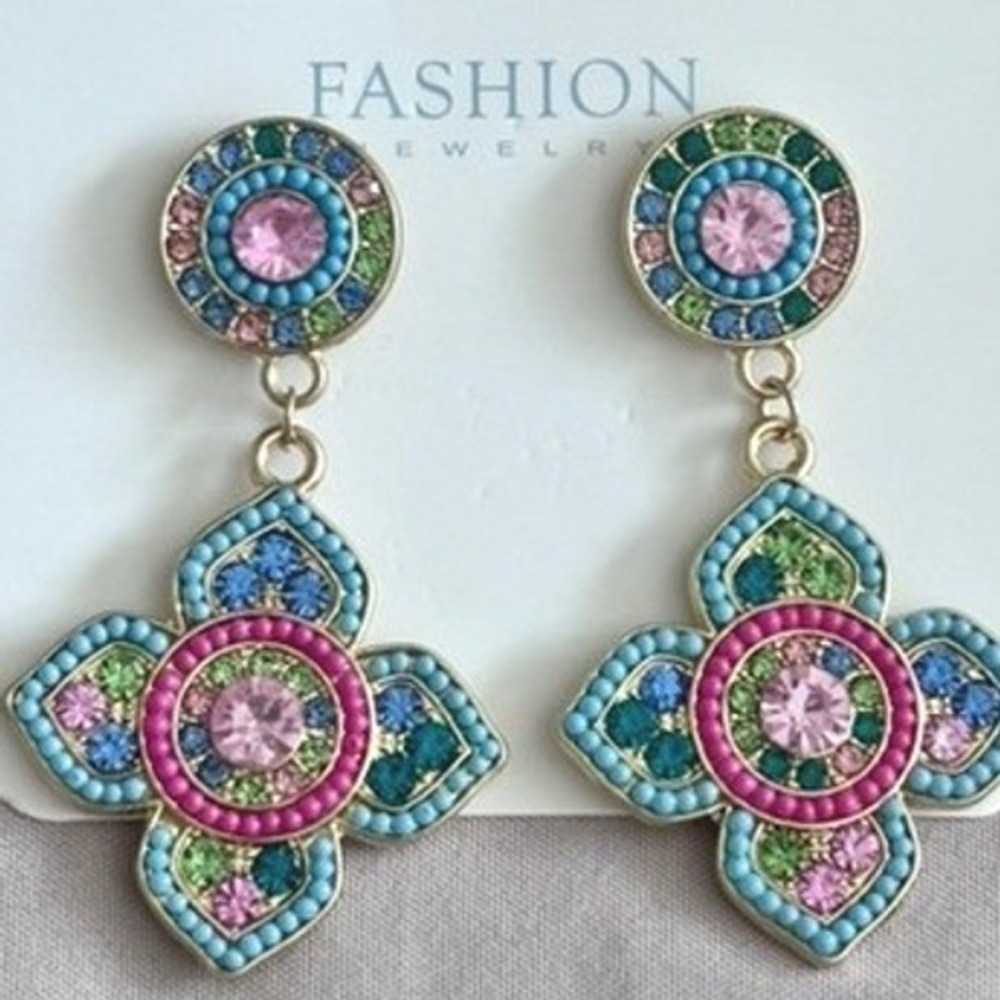 Fashion Jewelry Multi Color Rhinestone‎ Boho Quatrefoil Drop Earrings Gold Tone